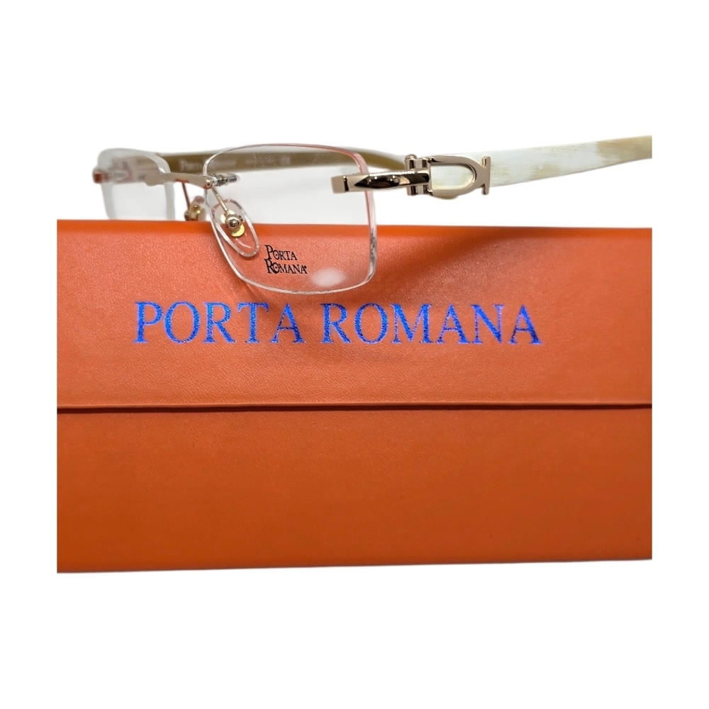 Porta Romana Rimless Glasses with Bold Orange Case in WHITE BUFFALO HORN